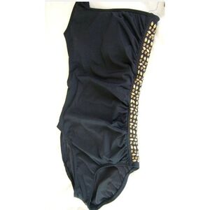 Laundry by Shelli Segal Black Gold One Shoulder Ruched Swim Suit Sze S